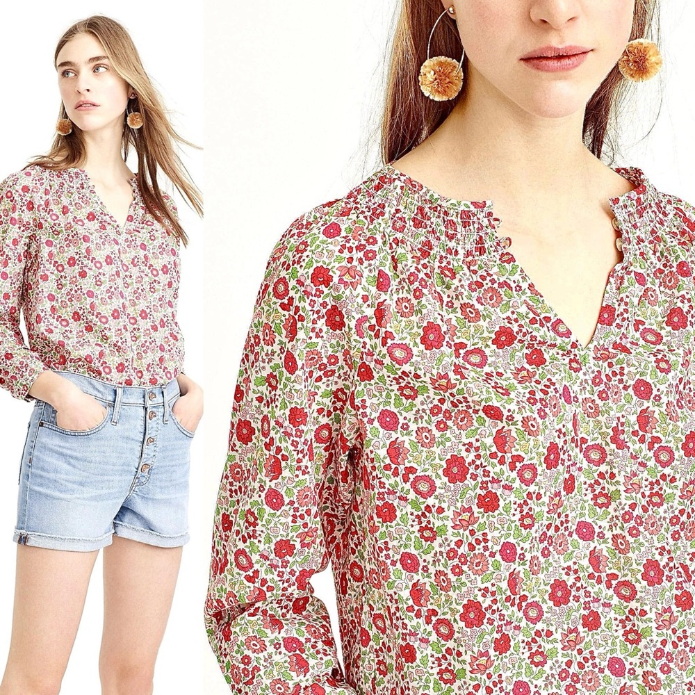 JCrew Peasant Blouse Liberty D'anjo Floral Popover Shirt Top Red White Pink 10 - Picture 2 of 16